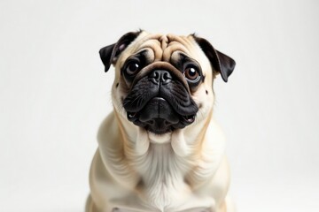 Playful pug stares directly at camera, pure white backdrop, illustration, closeup, animal
