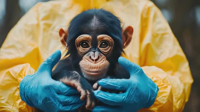 a virologist holds a monkey in his hands. Selective focus