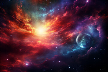 Fototapeta premium A vivid and captivating image of a celestial event, where twin comets arc across a nebula-drenched sky, converging near a radiant supermoon, casting prismatic light over a crystalline mountain range b