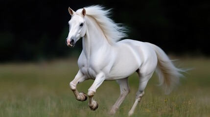 Fototapeta premium Majestic white horse in full gallop. A stunning image of a powerful, white horse running through a grassy field. Its flowing mane and tail catch the light, highlighting its athleticism and grace.