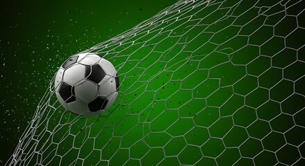 Fototapeta premium Soccer Ball Hitting Goal Net with Water Splashes on Green Background