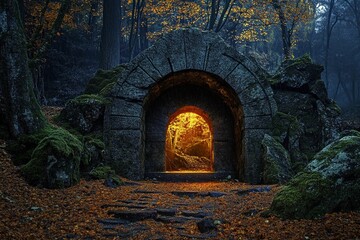 Obraz premium Majestic portal to another world glows amidst ethereal landscape with rolling clouds and sunlit greenery