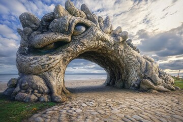 Fototapeta premium Majestic portal to another world glows amidst ethereal landscape with rolling clouds and sunlit greenery