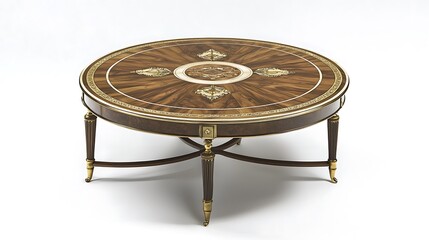 Large round table with a gold frame and a wood top