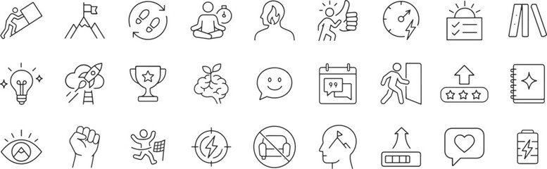 Motivation line icon set. Vector pictograms of energy, inspiration, journal, focus, target, consistency, arrow, achievement, self discipline, thin linear illustration.