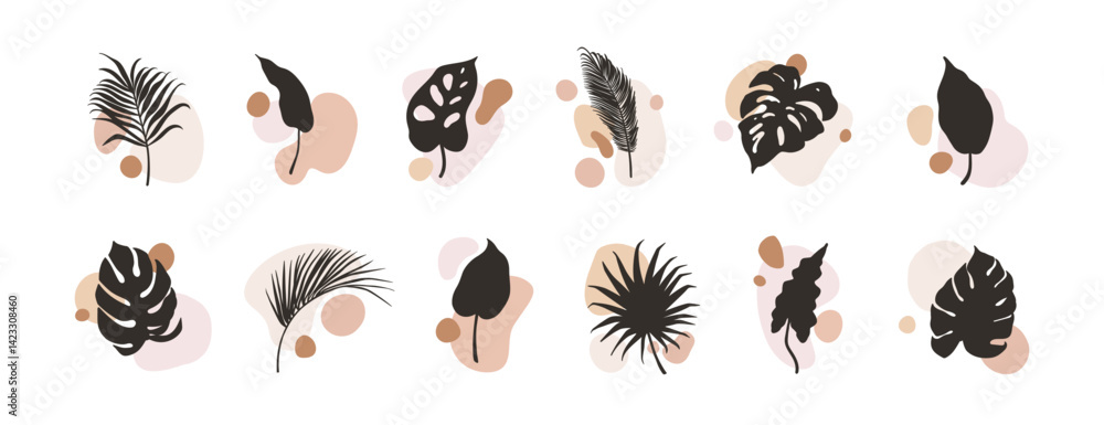 Poster exotic leaf and abstract shape patterns, floral set. tropical leaves and geometric elements in moder