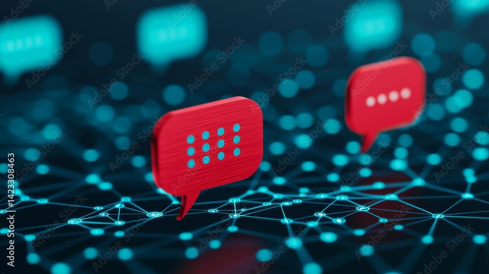 Poster digital chat bubbles on a network background representing communication.