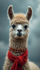This delightful llama, with its fluffy cream-colored fur and expressive eyes, stands proudly against a dramatic, cloudy backdrop. The vibrant red scarf and beaded necklace add a playful touch