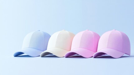 Pastel-colored baseball caps in a row