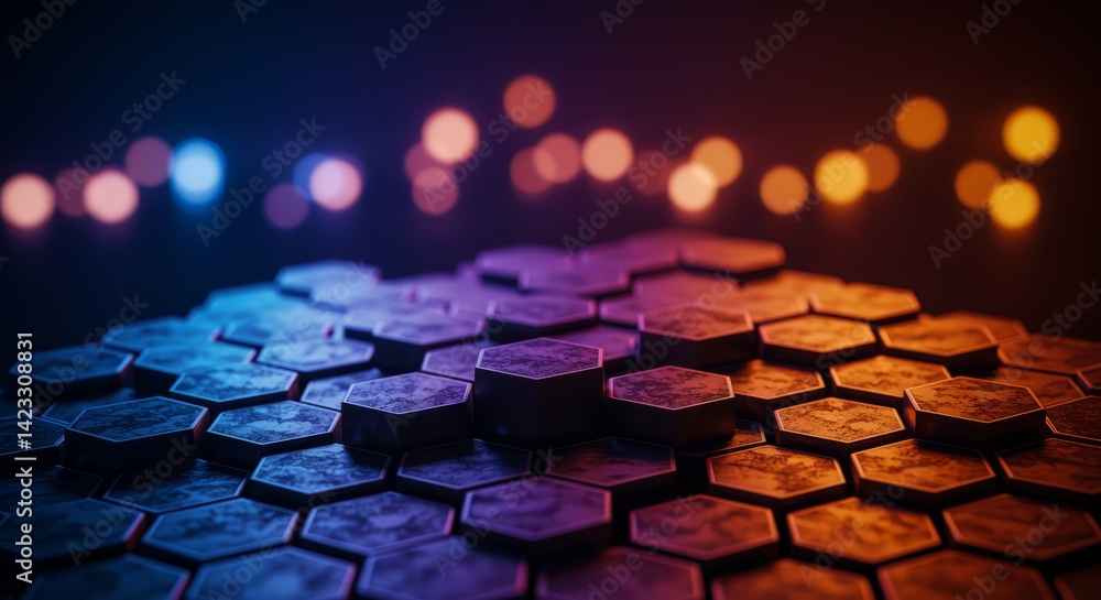 Poster dynamic hexagonal pattern with colorful bokeh lights abstract digital art studio environment close-u