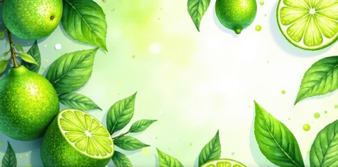 Juicy green limes & vibrant leaves, watercolor style, nature, green