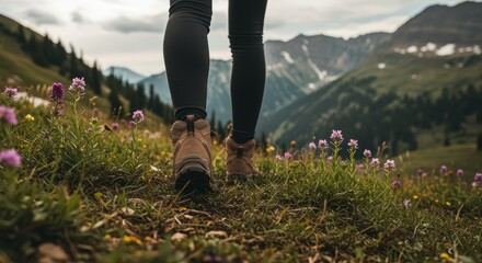 Adventure Hiking Through Wildflower Trails in the Rocky Mountains Nature Exploration Scenic Views Outdoor Activities Tranquil Environment Close-Up Perspective for Nature Enthusiasts