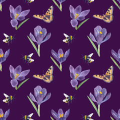 Hand drawn purple crocus flower, butterfly, bumblebee seamless pattern. Watercolor illustration purple Background. Spring crocuses flowers drawing Hand-painted floral wallpaper wrapping decor fabric