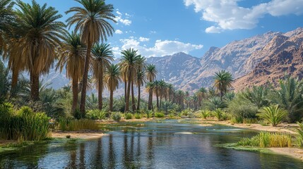 Lush oasis with palm trees and a tranquil stream nestled in a mountain valley.