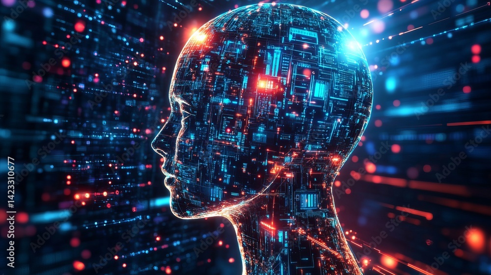 Poster abstract digital human head artificial intelligence concept futuristic technology network data ai re