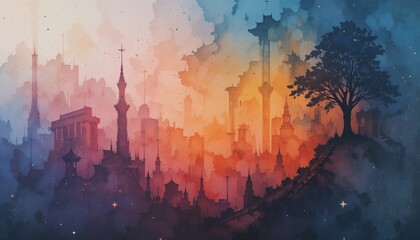 Fototapeta premium Mystical cityscape sunset fantasy landscape digital art urban environment wide view surreal concept