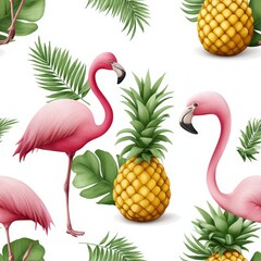 Obraz premium Seamless repeat pattern featuring hand-painted flamingos in watercolor style, with pineapples and palm fronds, hot pink and lime green tones, isolated on white background, tropical paradise vibe,