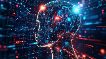 Abstract digital human head artificial intelligence concept futuristic technology network data ai red