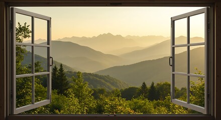 Open Window View of Mountain Range at Sunset