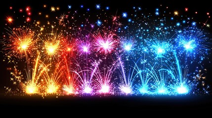 Naklejka premium Vibrant Firework Explosion in Night Sky with Glowing Trails, Sparkling Particles, and Cinematic Lighting