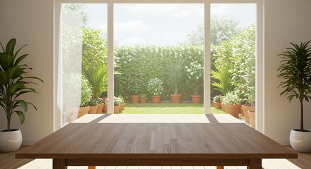 Fototapeta premium Wooden Table in Bright Room Overlooking Lush Green Garden
