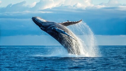 Against a backdrop of the sea and sky, a large whale is leaping out of the water, its body arcing, representing a spectacular moment in nature and the incredible athleticism of these marine mammals.
