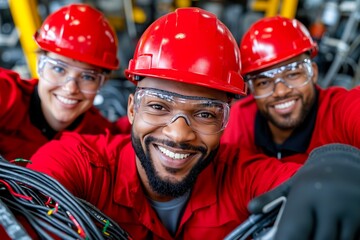 A group of three men in red hard hats and safety glasses