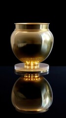 Shiny pot placed on golden mirrored pedestal, dark background, glowing reflections, pop glam look
