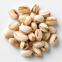 Fototapeta premium Small pile of pistachio nuts in shells, spread on clean white background, top down view