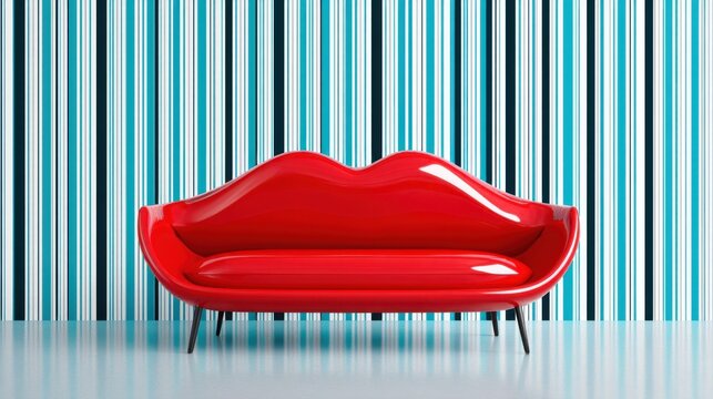 sofa shaped like glossy red lips against striped background, retro pop art styling, wide format