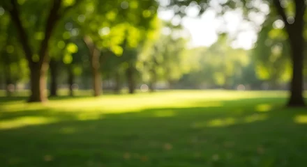 Tableau sur plexiglas Prairie, marais Blurred Green Park Landscape with Lush Meadow and Sunny Trees  © Feb