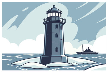 Photo of a Lighthouse in a Frozen Icy Landscape Winter Coastal Scene