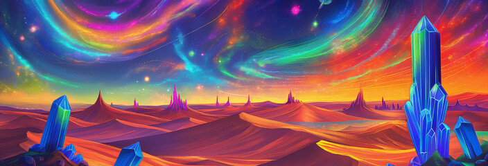 Obraz premium A vast desert landscape with glowing, neon-colored sand dunes under a vibrant sky filled with swirling galaxies and planets.
