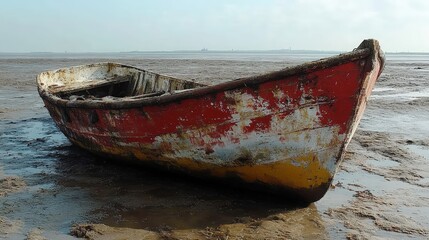 Abandoned fishing boat on a muddy shore.