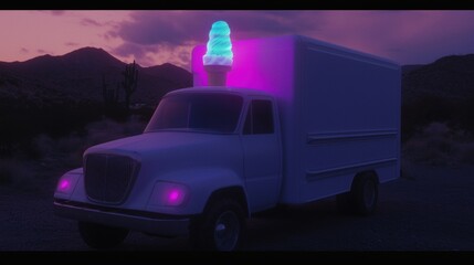 Retro ice cream truck in desert landscape at sunset, illuminated with neon colors.