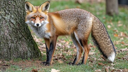 Fototapeta premium Red fox stands alert near a tree trunk.