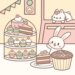 Sweet Bakery Scene with Kawaii Style Desserts and Characters