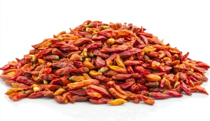 Dried red chili peppers pile, studio shot, white background, spice (1)