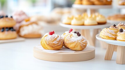 Freshly baked pastries, assorted.  Fluffy, sweet, and delicate pastries arranged on trays.  Whipped cream and berries adorn the top, creating visual appeal.  A variety of shapes and textures