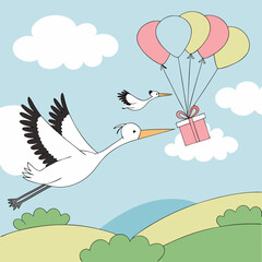 Whimsical Sky Baby Shower with Flying Storks and Balloons