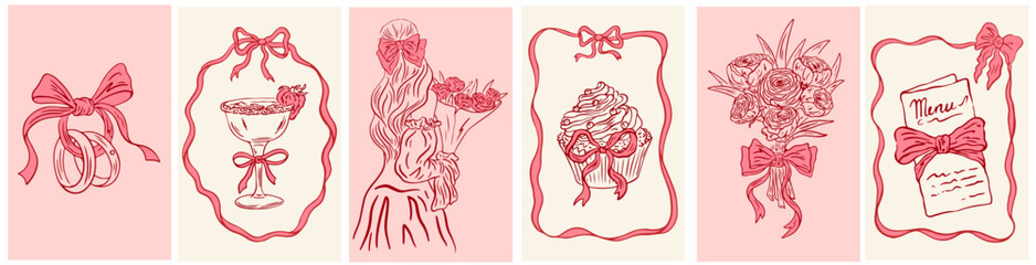 Vintage wedding ceremony coquette illustrations. Hand drawn whimsical greeting cards. Bride with bouquet of flowers, cocktails, bow, cake for party invitations, menus. Ink doodle sketch style