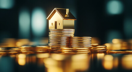 Elegant house model placed on stacked coins representing financial stability and investment