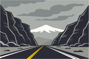Winding Mountain Road Illustration Scenic Cliffside Drive Through Cloudy Skies Adventure Travel Art