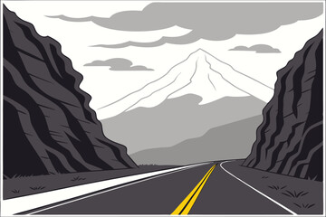 Winding Mountain Road Illustration Scenic Cliffside Drive Through Cloudy Skies Adventure Travel Art