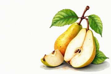 Watercolor garden pear, ripe, juicy, half-sliced , detail, garden