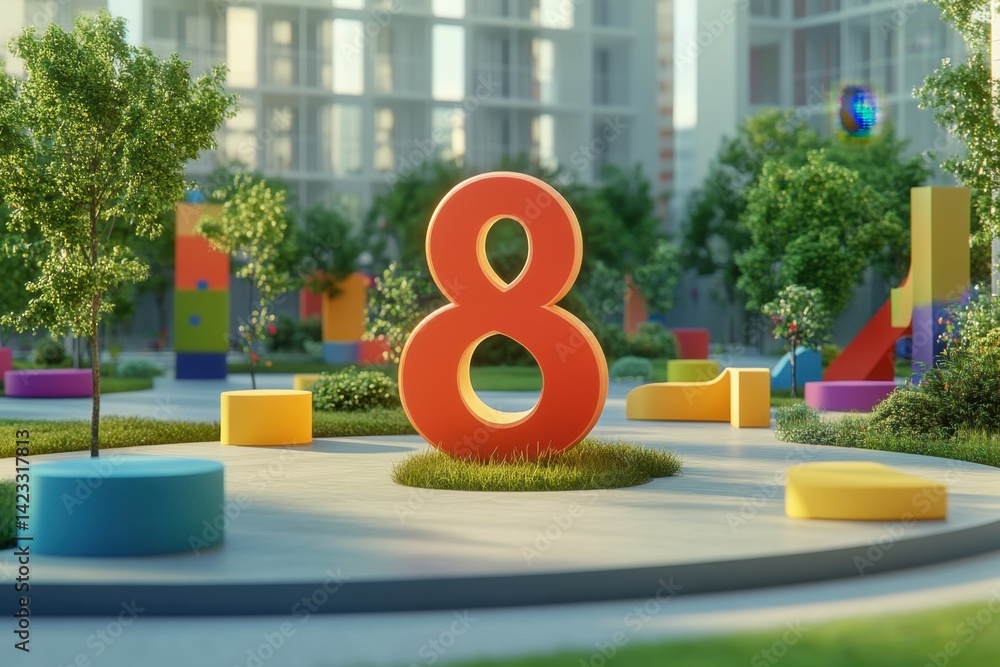 Poster a park with a large red number 8 in the middle