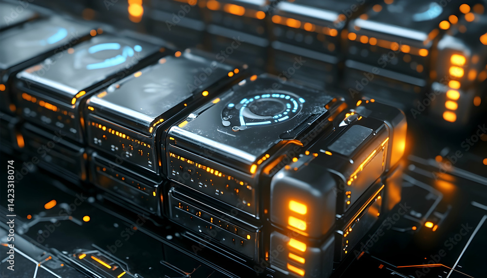 Poster futuristic data storage units with glowing patterns, set in a high-tech digital environment