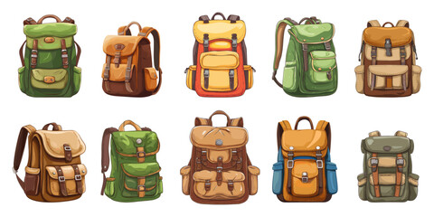 Hiking backpack cartoon. Isolated different backpacks for tourism, camping. Outdoor travel bags for things, hand luggage with pockets, vector set