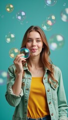 A cheerful young woman with flowing hair holds a shimmering bubble, radiating joy and playfulness. The lively teal backdrop and floating bubbles create a whimsical atmosphere, inviting viewers to