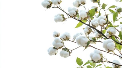 Cotton Flowers with Green Foliage on White Background